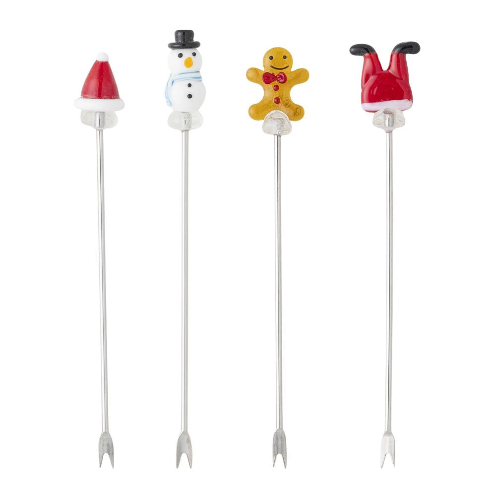 Bloomingville Feliz Cocktailgabeln 4er Set – Handgefertigte Weihnachtsgabeln mit Glasfigur