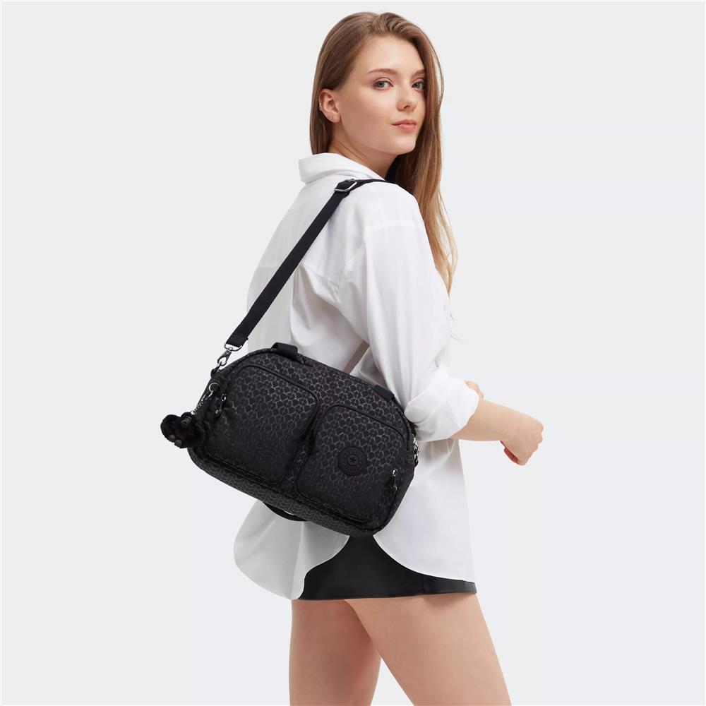 Kipling COOL DEFEA, mittelgroße Umhängetasche, Signature Emb (schwarz), Tasche mit vielen Fächern