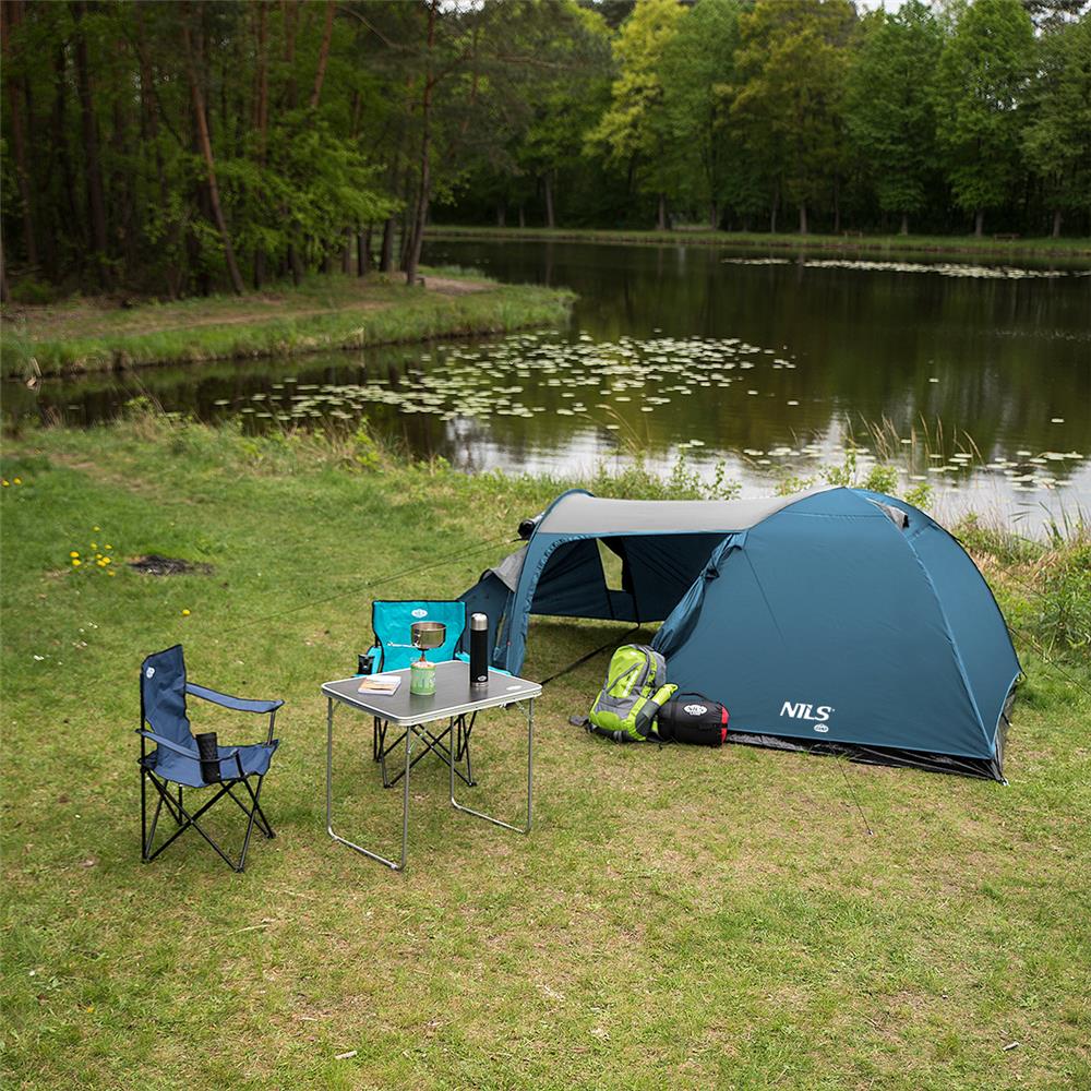 NILS CAMP Trekker Zelt für 4 Personen in Blau-Grau - Campingzelt mit Vorraum für Outdoor, Familie & Trekking