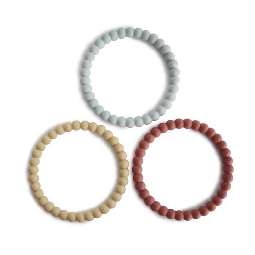 Mushie Beißring Perlen 3er Set, Mellow/Terracotta/Periwinkle, Armband aus Silikon, BPA-frei