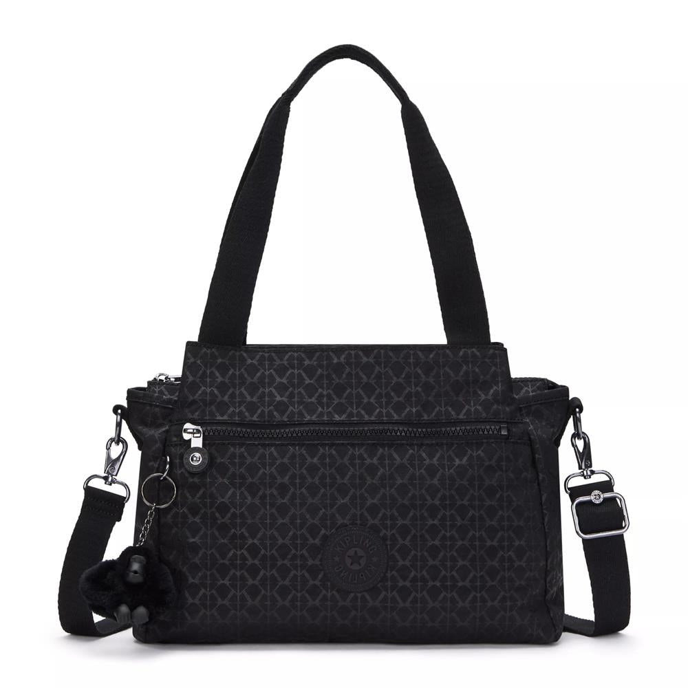 Kipling ELYSIA, mittelgroße Schultertasche, Signature Emb (schwarz), Umhängetasche mit vielen Fächern