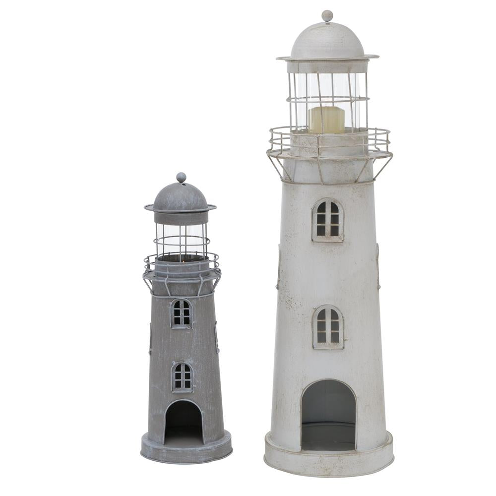 BOLTZE Laterne Leuchtturm 2-teiliges Set Metall Glas grau weiß Usedlook Skandi Deko