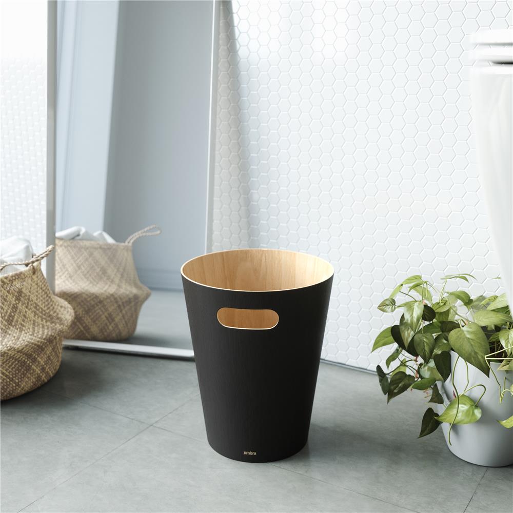 Umbra Woodrow Abfalleimer, Schwarz/Holz, 7,5 Liter, Zweifarbiger Papierkorb