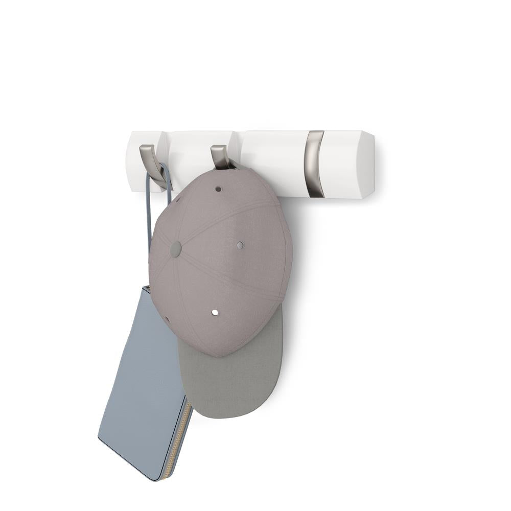 Umbra Flip Wandgarderobe, Garderobenleiste in Weiß, mit 3 beweglichen Haken in Silber