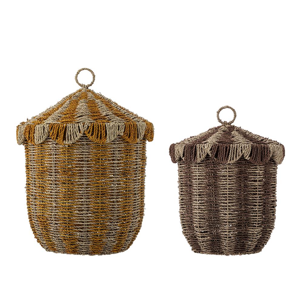 Bloomingville MINI Cikkeline Korb 2er Set bunt - Aufbewahrungskorb Seegras mit Deckel Kinderzimmer