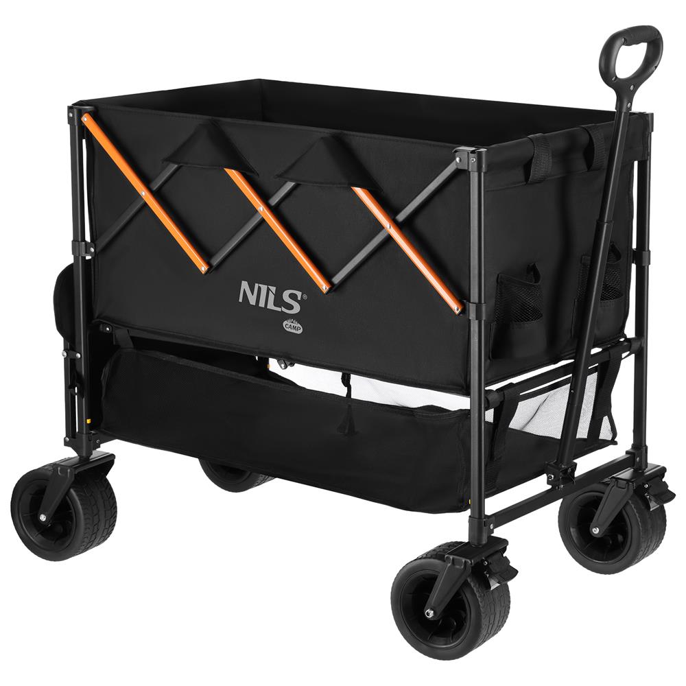 NILS CAMP Bollerwagen XXL 160L in Schwarz Orange - faltbarer Campingwagen mit Netzablage