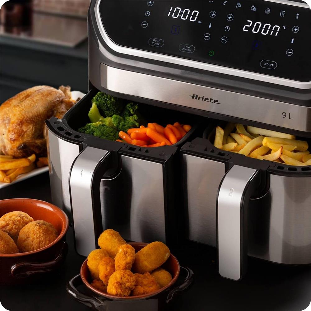 Ariete Air Fryer Dual, Schwarz, Doppel Heißluftfritteuse, 9L, 2100W