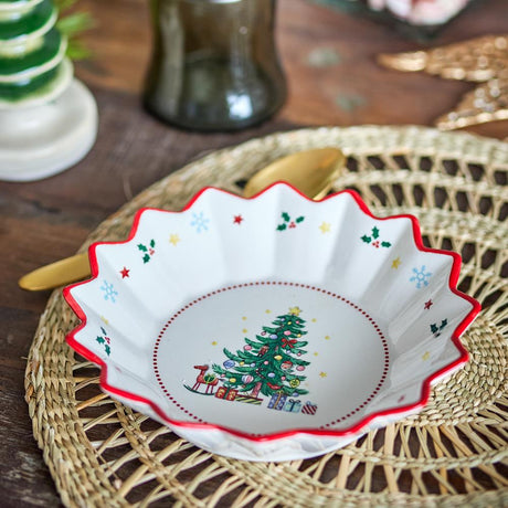 Bloomingville Naive Weihnachtsschale, Rot, Keramik 460 ml mit Tannenbaum-Motiv