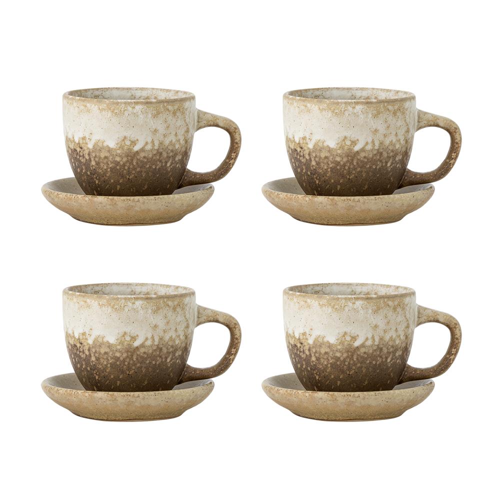 Bloomingville Brenta Tasse mit Untertasse aus Steingut in Natur 185 ml – 4er Set für Küche