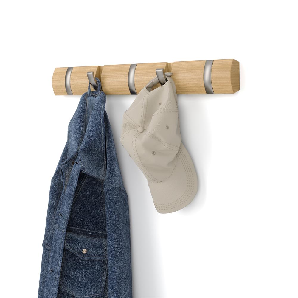Umbra Flip Wandgarderobe, Garderobenleiste in Natur, mit 5 beweglichen Haken in Silber