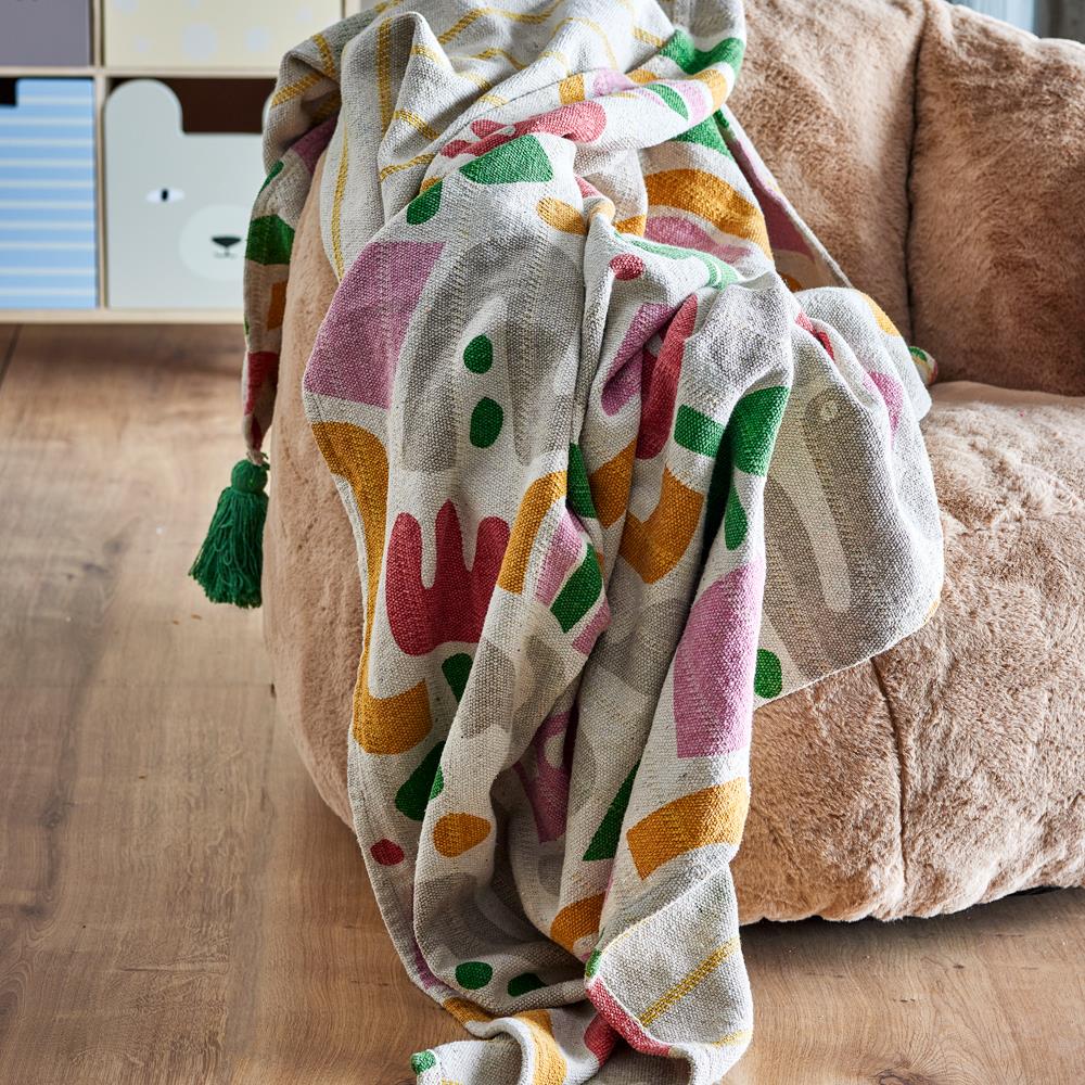 Bloomingville MINI Filur Decke 160x130 cm bunt - Kinderdecke aus recycelter Baumwolle mit Quasten