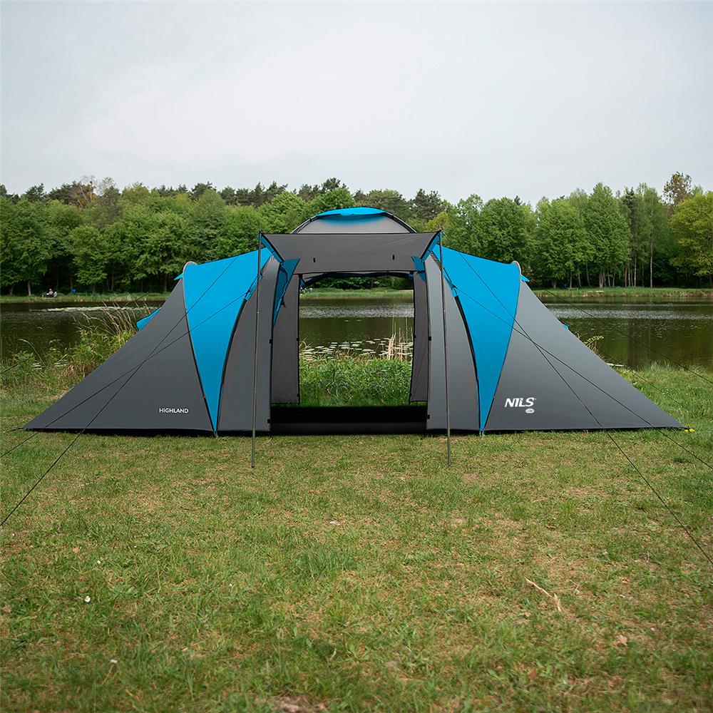 NILS CAMP Highland Zelt für 6 Personen Grau-Blau - großes Familienzelt mit Vorraum für Camping & Outdoor