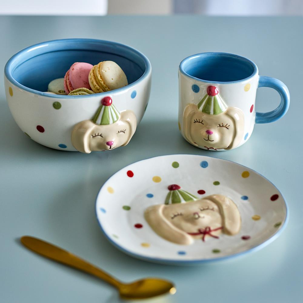 Bloomingville MINI Party Geschirr-Set 3-teilig D15,5 cm bunt - Kindergeschirr aus Steingut mit Hundemotiv