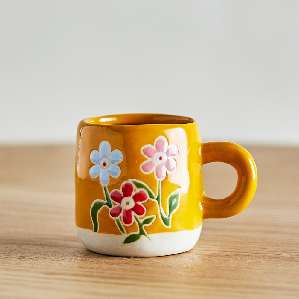 Bloomingville MINI Millie Tasse 110 ml orange - Steingut Tasse mit Blumenmotiv für Kinder & Küche