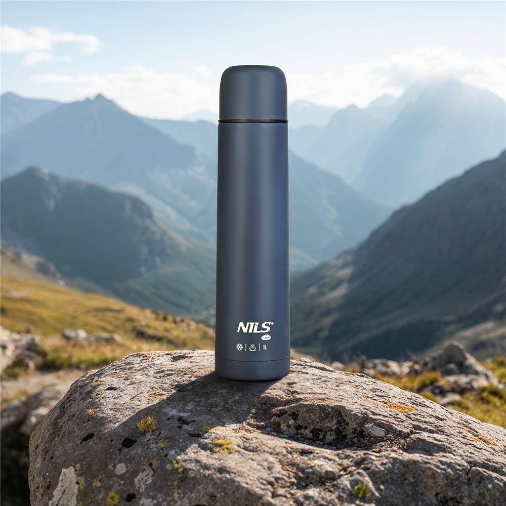 NILS CAMP Thermoskanne 1L Edelstahl blau isoliert für Camping Reisen Outdoor
