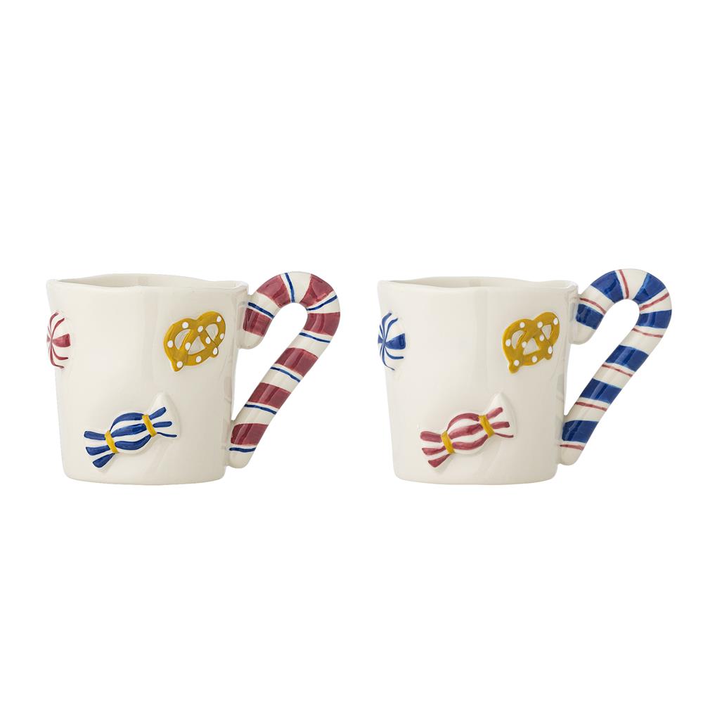 Bloomingville Candice Tasse 2er Set 264 ml bunt Steingut Weihnachtstassen mit Zuckerstangenhenkel
