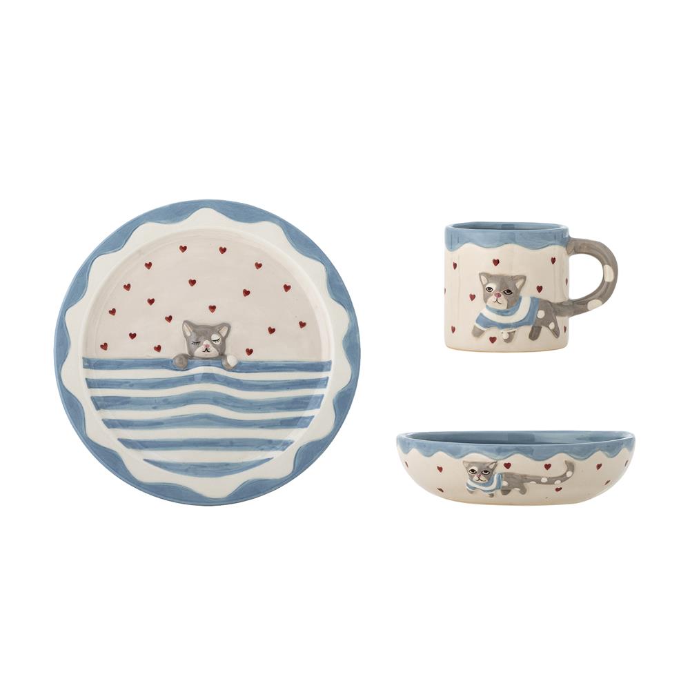 Bloomingville MINI Mille Geschirr Set 3-teilig bunt - Kinder Geschirr mit Katzenmotiv für Tisch & Küche