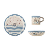 Bloomingville MINI Mille Geschirr Set 3-teilig bunt - Kinder Geschirr mit Katzenmotiv für Tisch & Küche