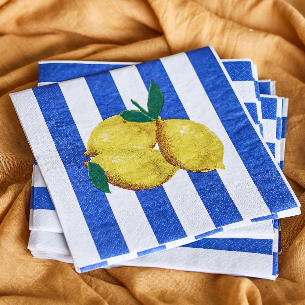 Bloomingville Limone Serviette 20er Set 33x33 cm bunt - Papierservietten mit Zitronenmotiv Tischdeko