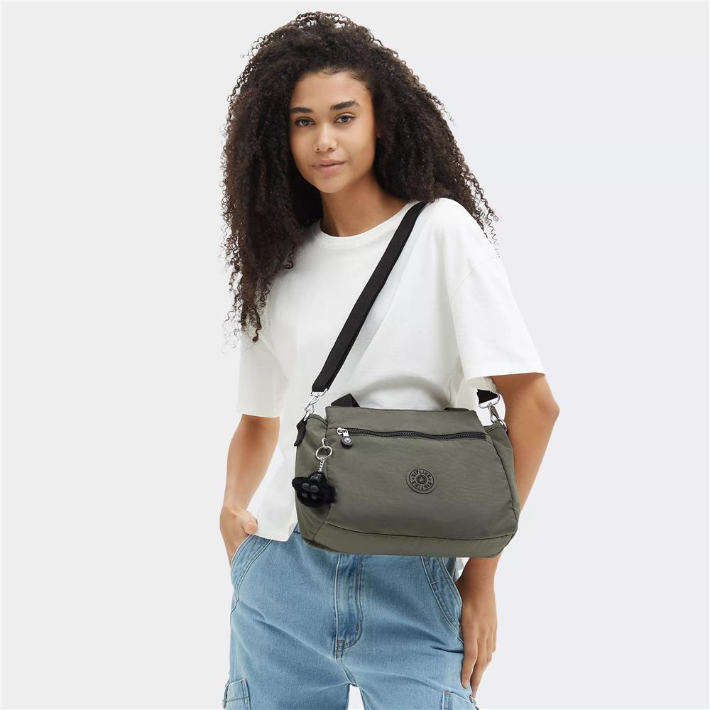 Kipling ELYSIA, mittelgroße Schultertasche, Green Moss (grün), Umhängetasche mit vielen Fächern