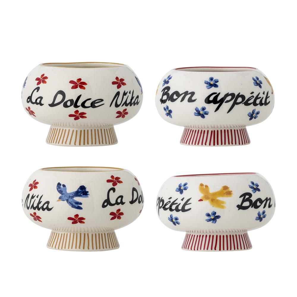 Bloomingville Lindsay Schale 4er Set D13 cm 613 ml bunt - Steingut Schalen mit Schrift & Motiv