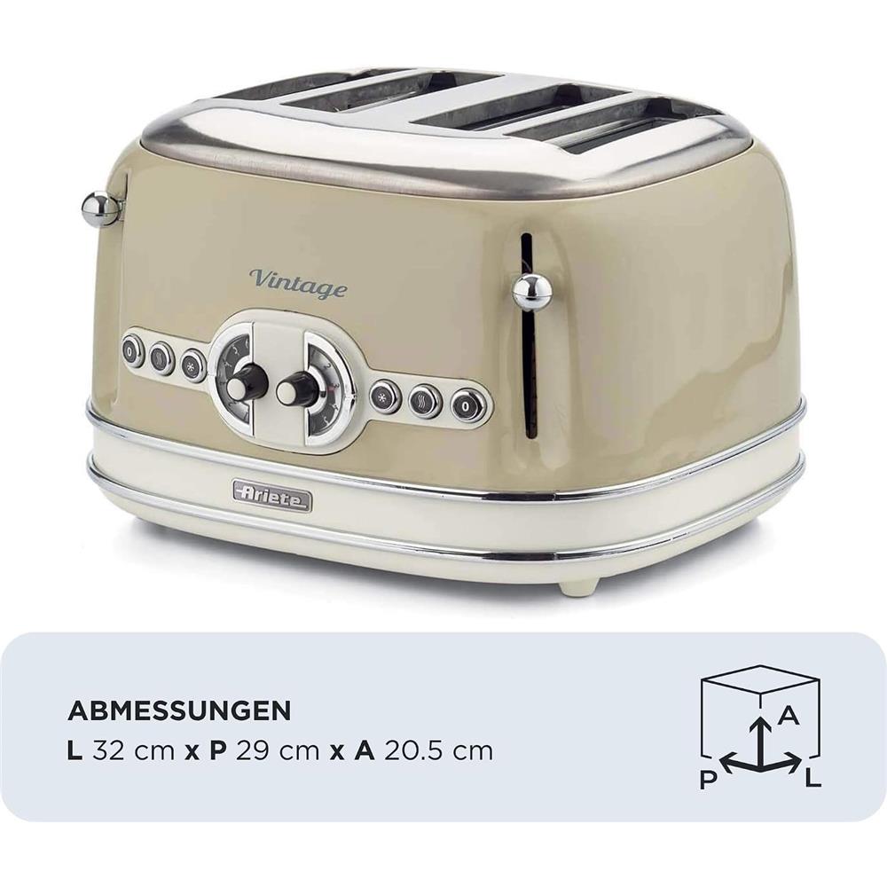 Ariete Vintage Toaster, Beige, 4-Scheiben-Toaster mit 6 Bräunungsstufen, 1600W