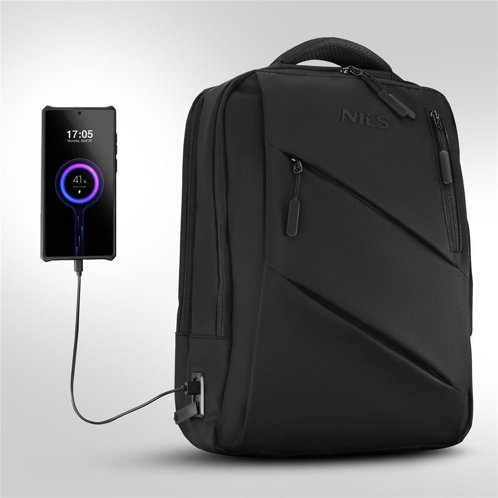 NILS Laptop Rucksack 15L Schwarz - mit USB- und USB-C-Anschlüssen Arbeit Schule Uni Reisen