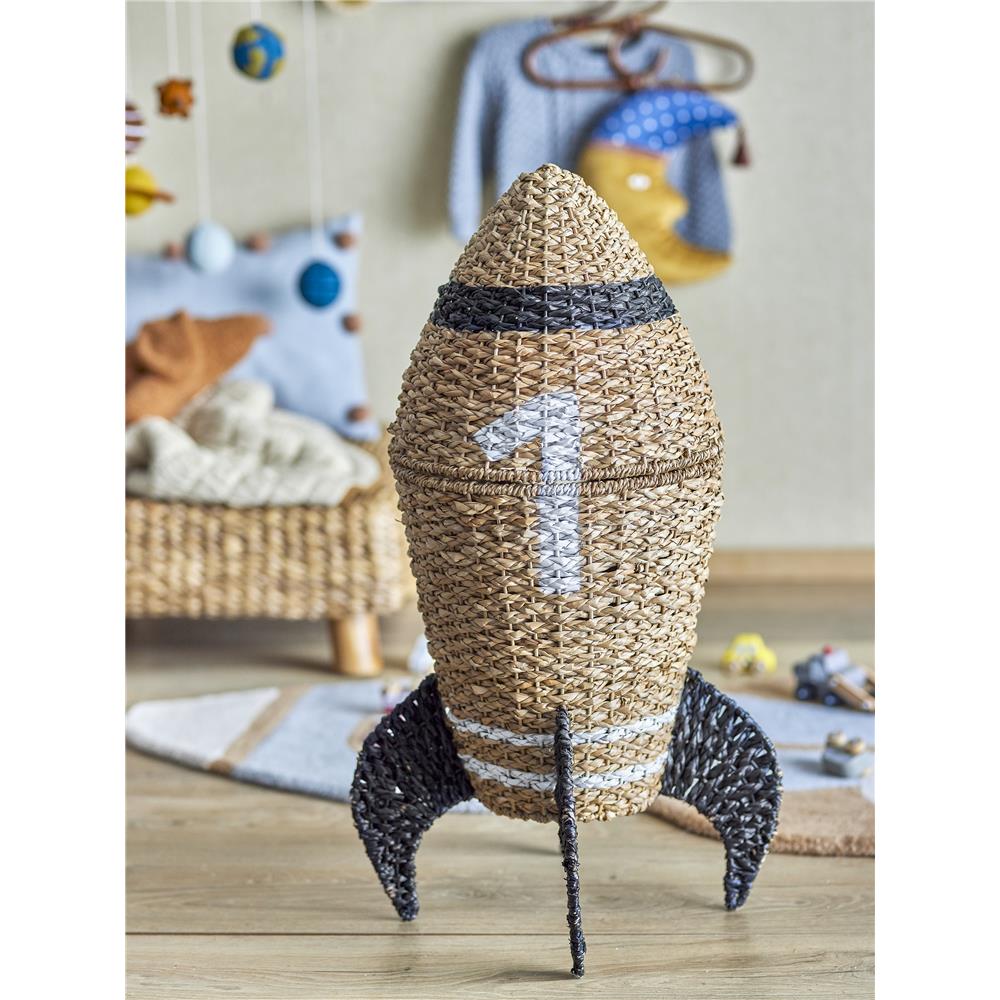 Bloomingville MINI Cosmina Korb braun/schwarz mit Deckel Rakete Seegras Aufbewahrungskorb Kinderzimmer