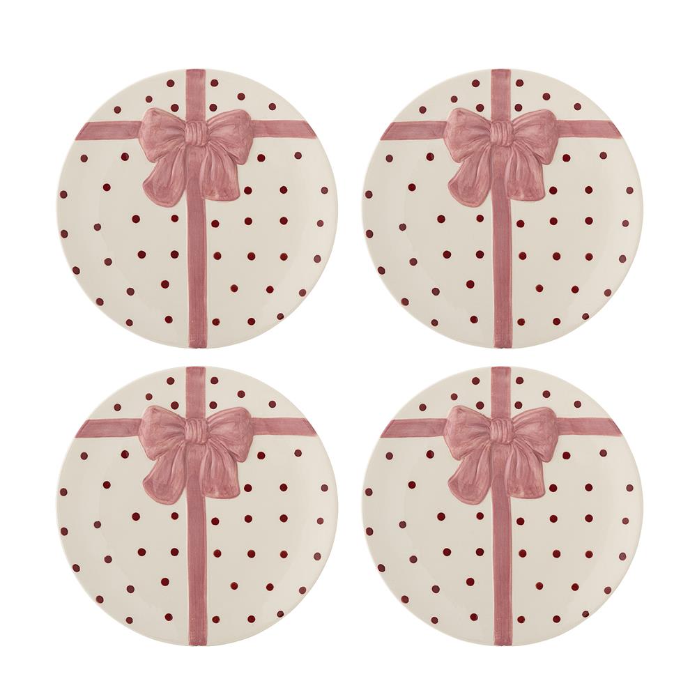 Bloomingville Bowie Teller 4er Set 20,5 cm rosa Steingut mit Schleifenmotiv Dessertteller Weihnachten