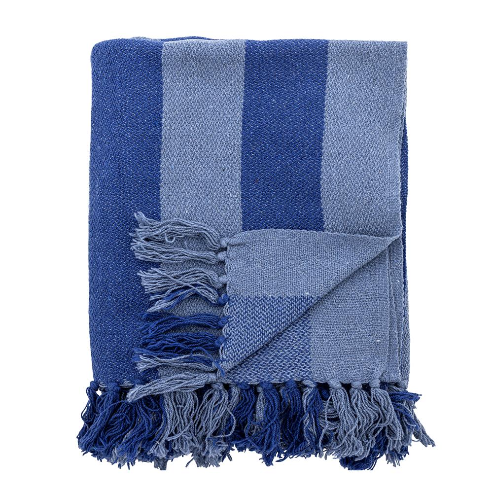 Bloomingville Frello Decke blau - Plaid mit Streifen aus recycelter Baumwolle für Sofa