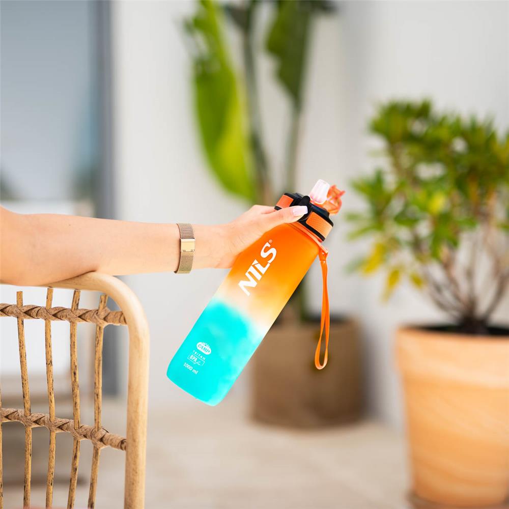 NILS CAMP Trinkflasche Tritan 1000 ml mit Strohhalm orange-blau für Outdoor Sport Reisen