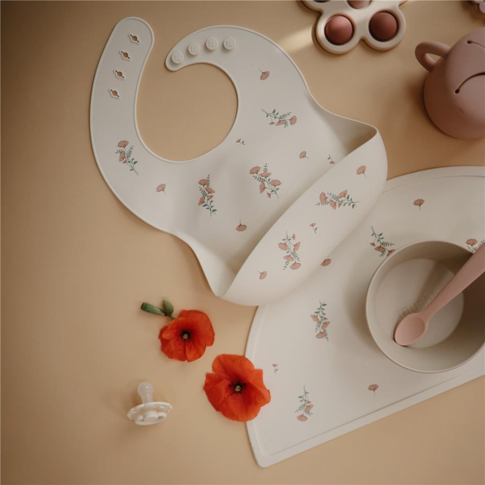 Mushie Silikon-Lätzchen, Pink Flowers, mit Auffangschale, BPA-frei