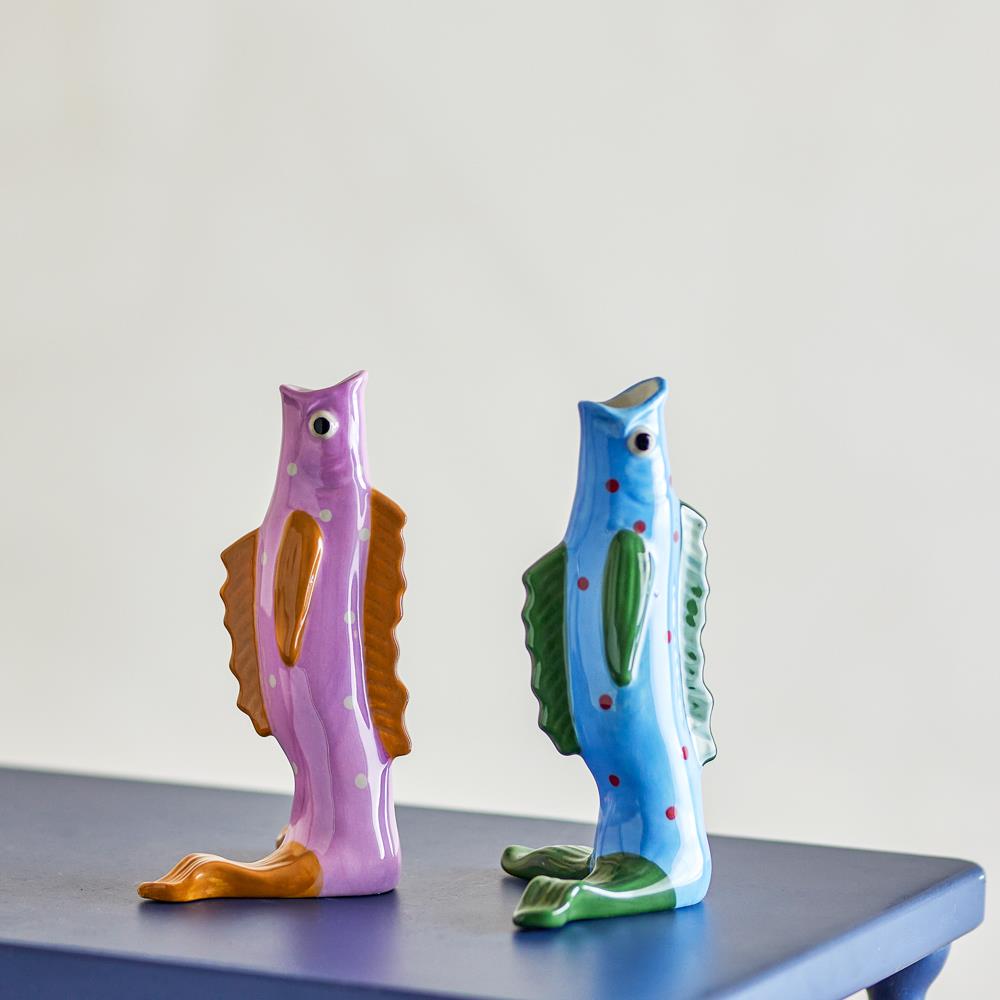 Bloomingville Mako Vase 2er Set bunt - Steingut Fisch Vase handbemalt für Wohnzimmer & Deko