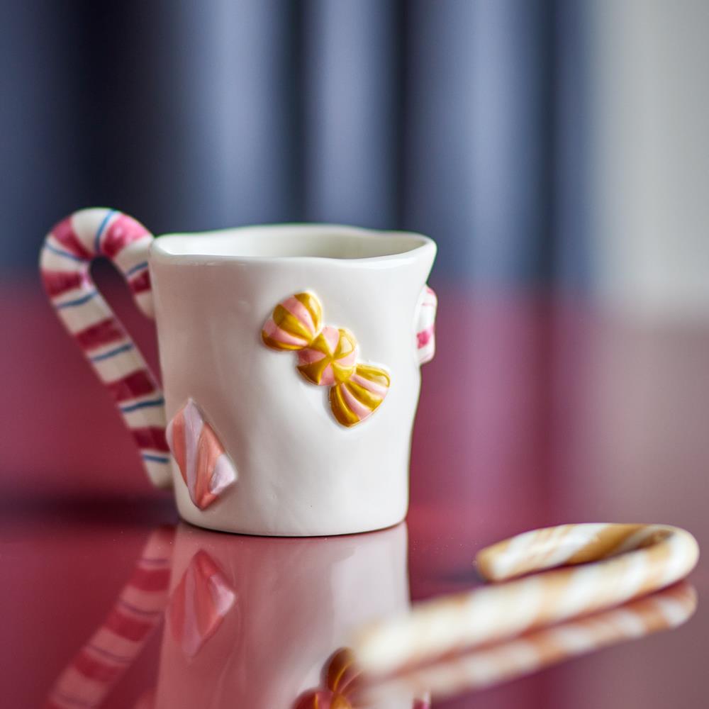 Bloomingville Candice Tasse 2er Set 264 ml bunt Steingut Weihnachtstassen mit Zuckerstangenhenkel