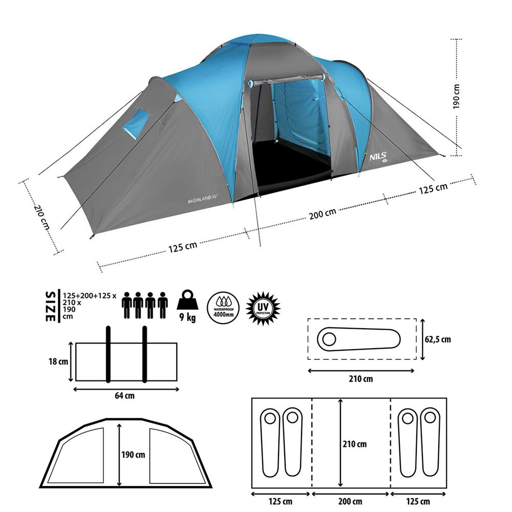 NILS CAMP Highland IV Zelt für 4 Personen Grau-Blau - großes Familienzelt mit Vorraum für Camping & Outdoor