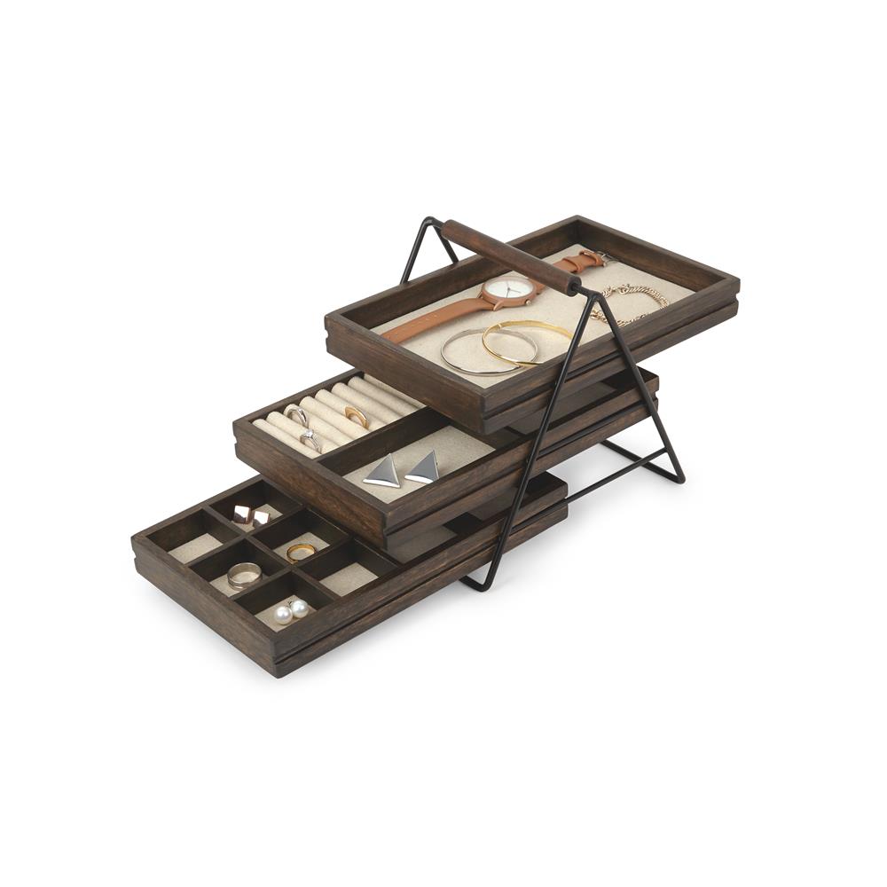 Umbra Terrace Schmucktablett Holz Schmuckkästchen mit drei Schubfächer für Ringe Armbänder Ketten Uhren und Mehr