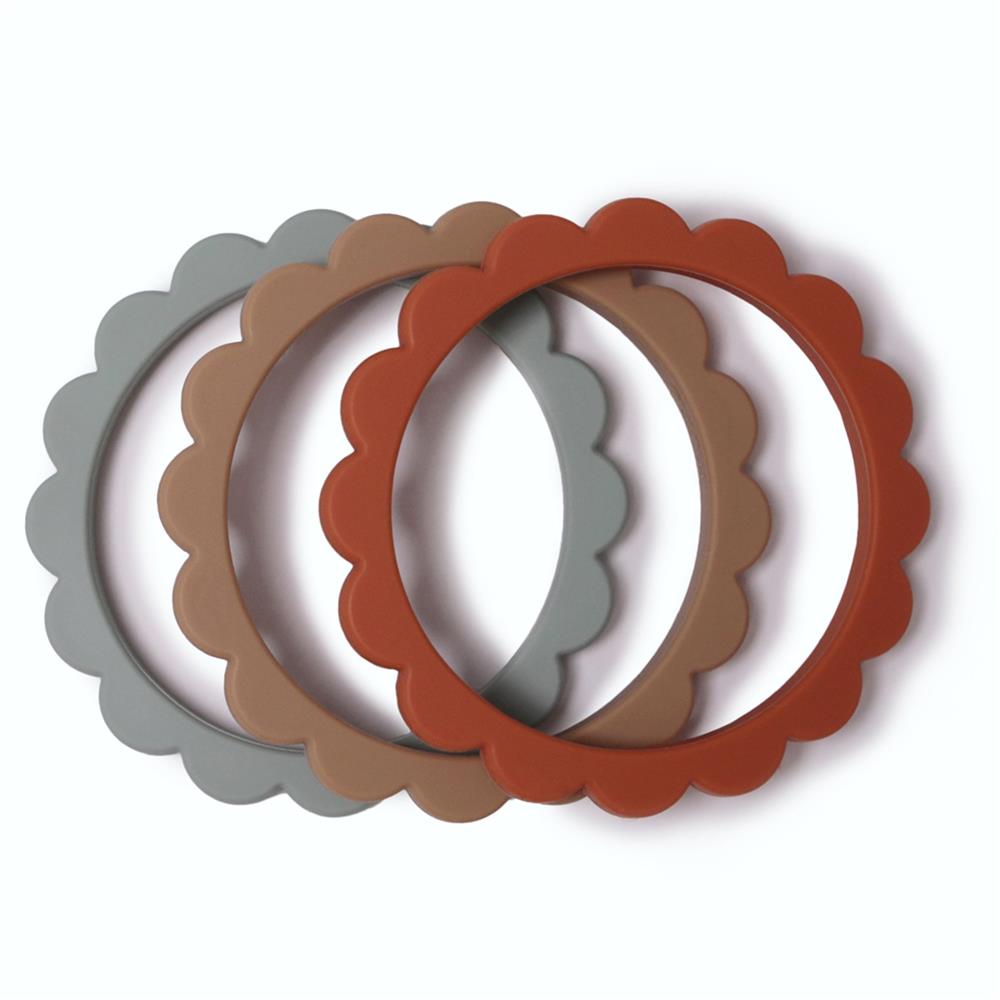 Mushie Beißring Blumen 3er Set, Cambridge Blue/Clementine/Natural, Armband aus Silikon, BPA-frei