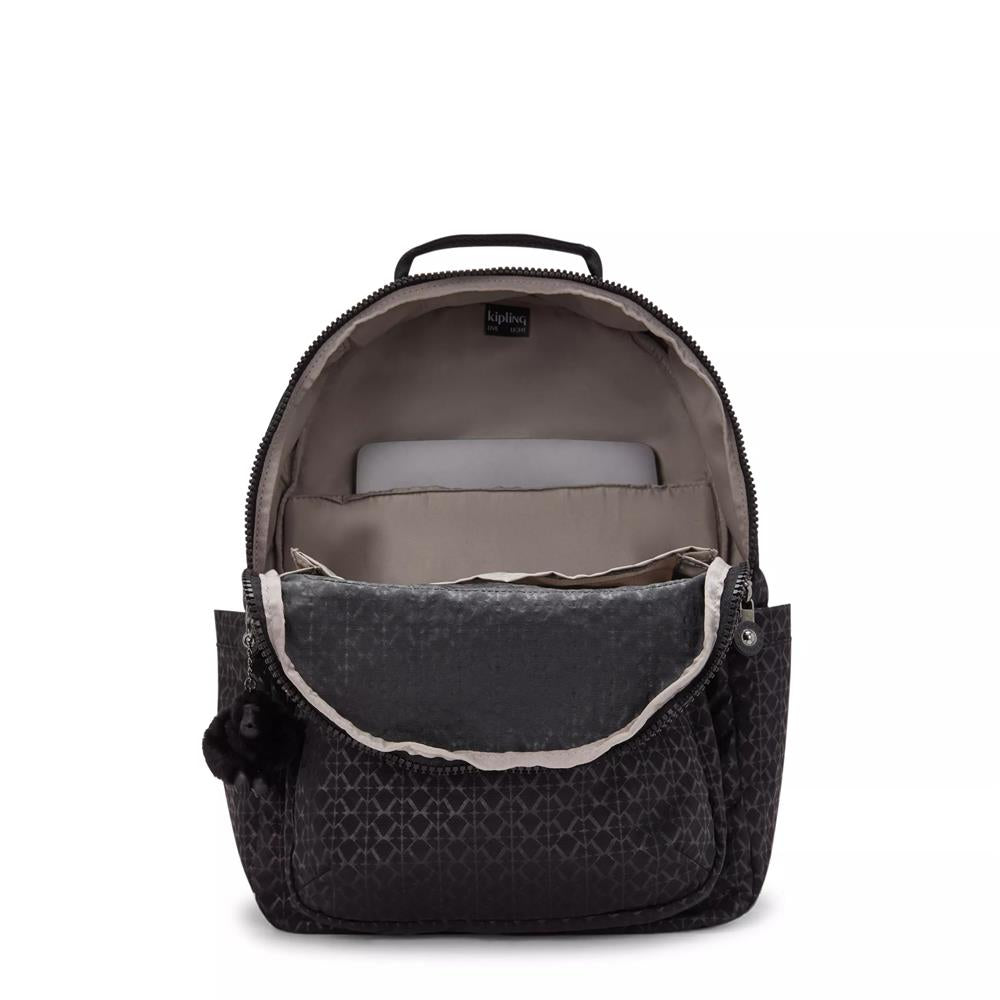 Kipling SEOUL, großer Rucksack, Signature Emb (schwarz), Laptoprucksack 15 Zoll mit viel Stauraum