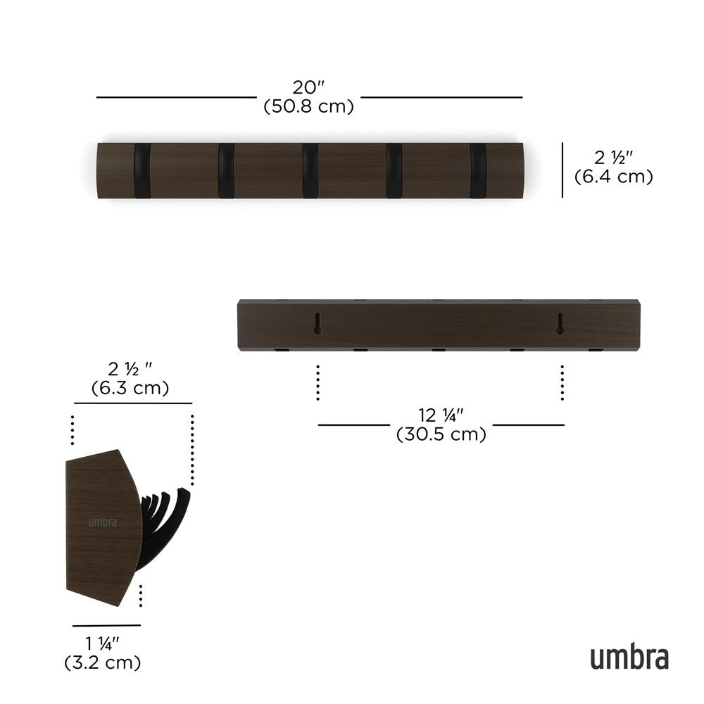 Umbra Flip Wandgarderobe, Garderobenleiste in Walnuss, mit 5 beweglichen Haken in Schwarz