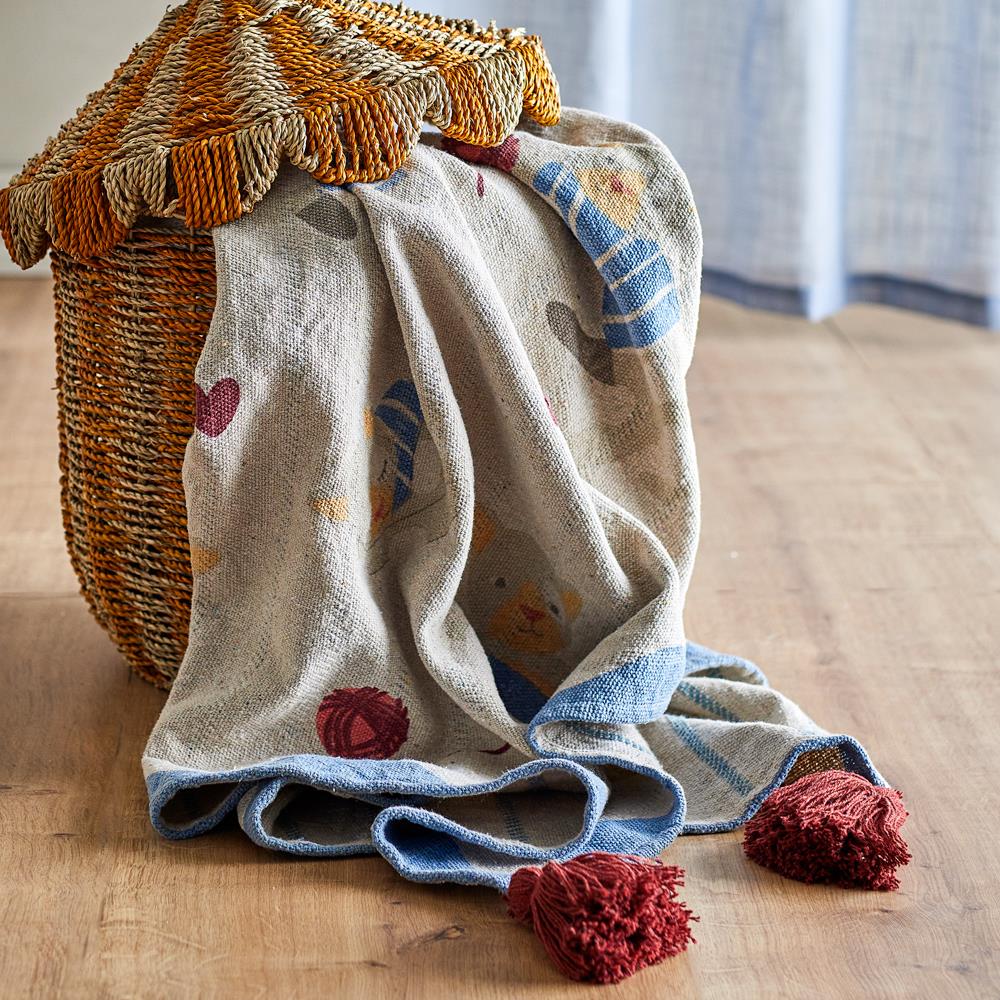 Bloomingville MINI Mille Decke bunt - Kinder Plaid mit Katzenmotiv aus Baumwolle für Sofa & Kinderzimmer