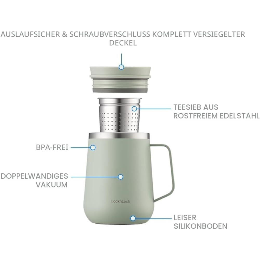 LocknLock Metro Teetasse Mint 400ml, Edelstahl, Warmhaltefunktion, Auslaufsicher, Rutschfest