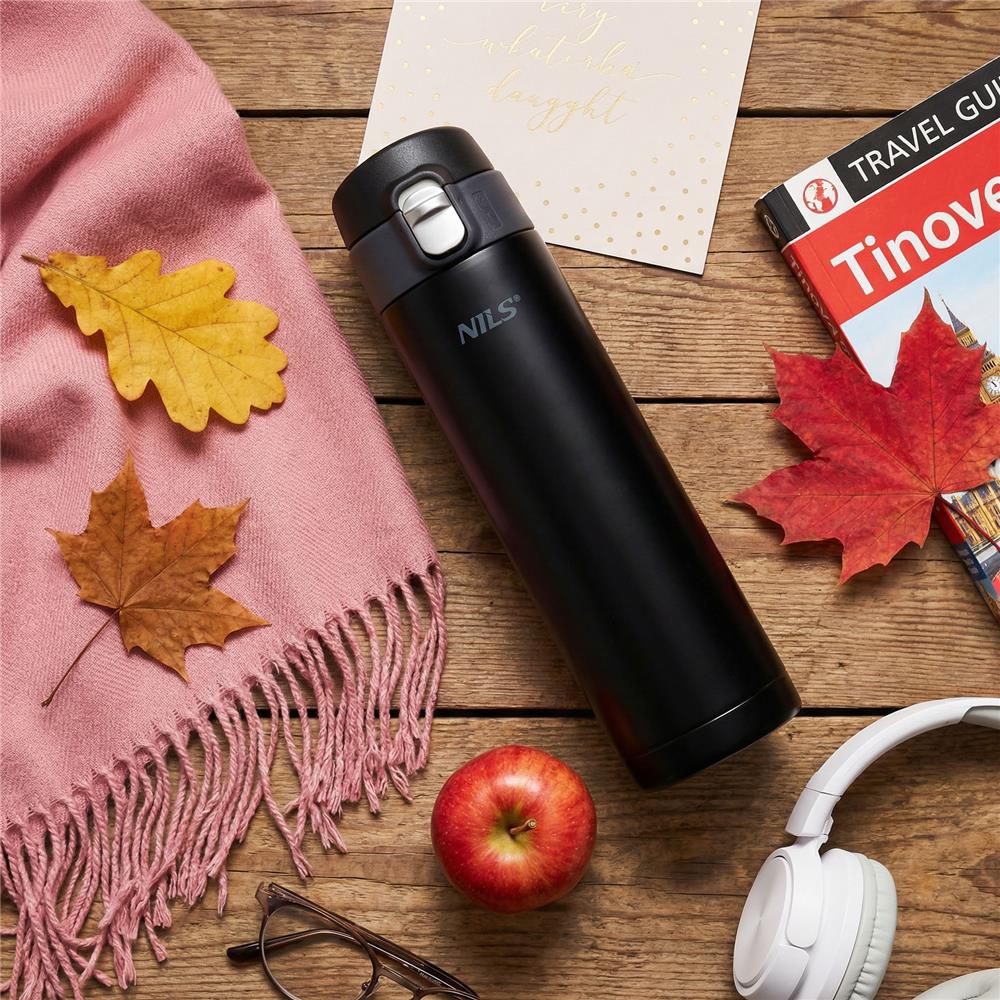NILS Thermobecher 500 ml Edelstahl schwarz auslaufsicher für Camping Reisen Alltag