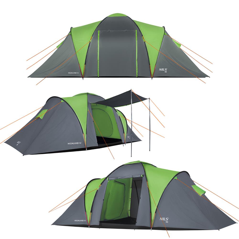 NILS CAMP Highland IV Zelt für 4 Personen Grau-Grün - großes Familienzelt mit Vorraum für Camping & Outdoor