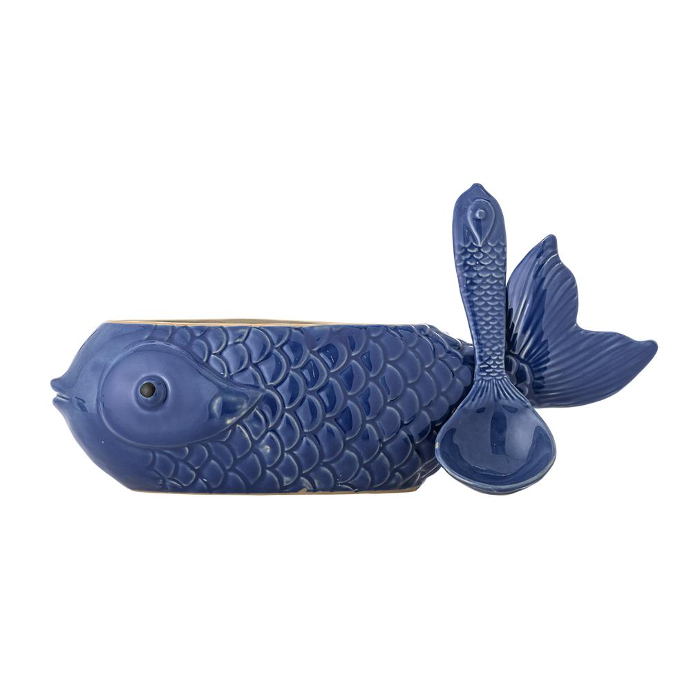Bloomingville Hiro Gefäß mit Deckel und Löffel 1700 ml blau - Steingut Fischdose für Küche & Deko