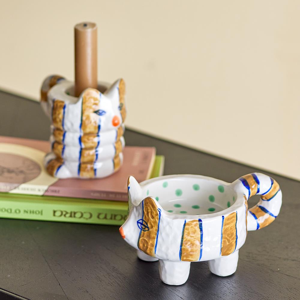 Bloomingville Caty Kerzenhalter aus Steingut in Braun – Katzen Kerzenhalter Set für Fensterbank