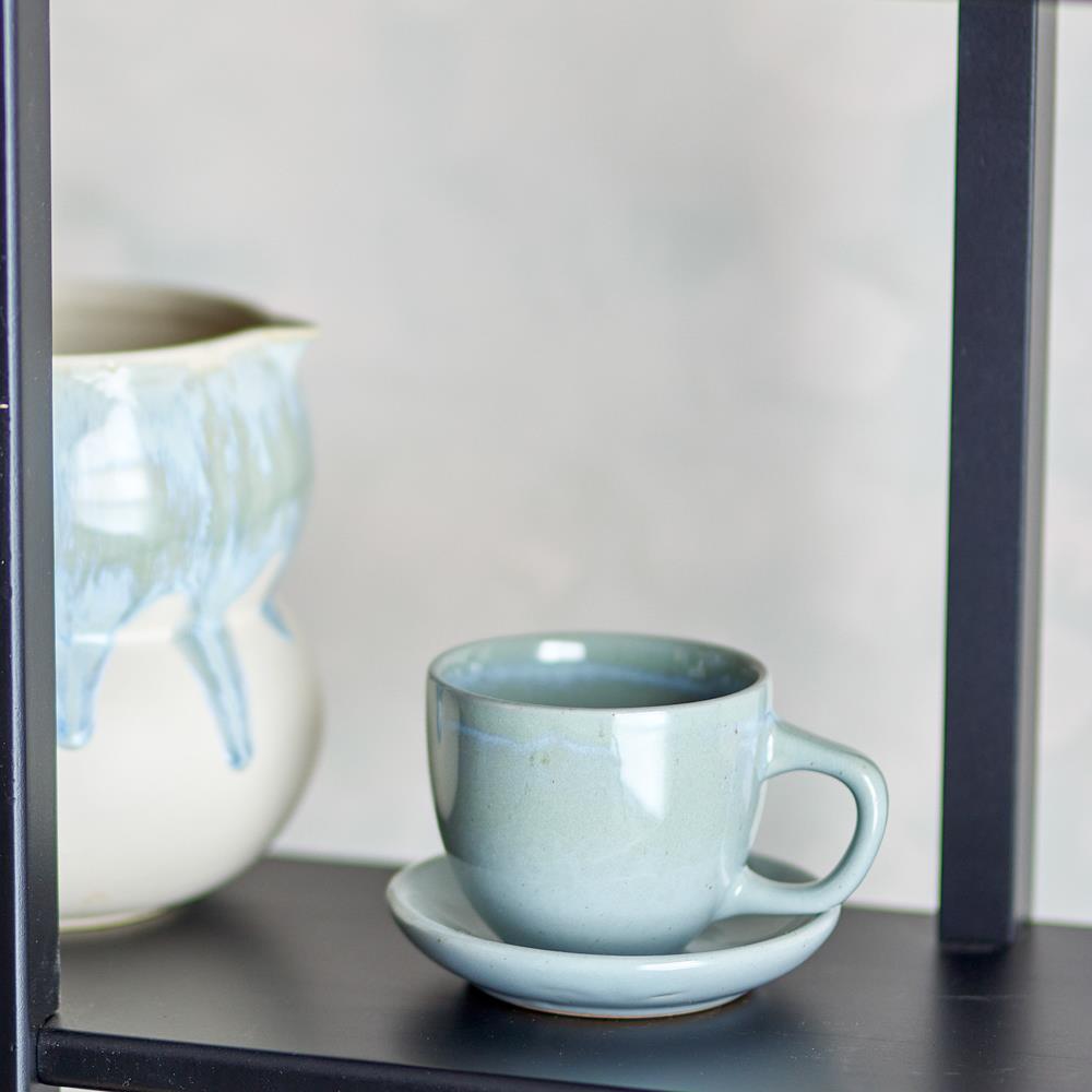 Bloomingville Brenta Tasse mit Untertasse aus Steingut in Blau 185 ml – 4er Set für Küche