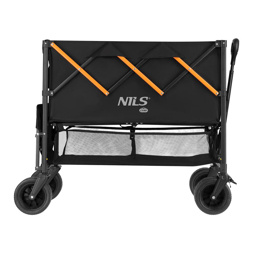 NILS CAMP Bollerwagen XXL 160L in Schwarz Orange - faltbarer Campingwagen mit Netzablage