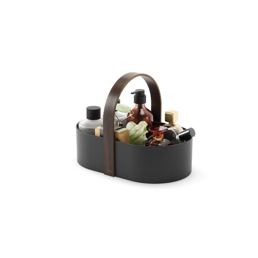 Umbra Bellwood Caddy mit herausnehmbarer Trennwand, Organizer für Kosmetik in Schwarz/Walnuss