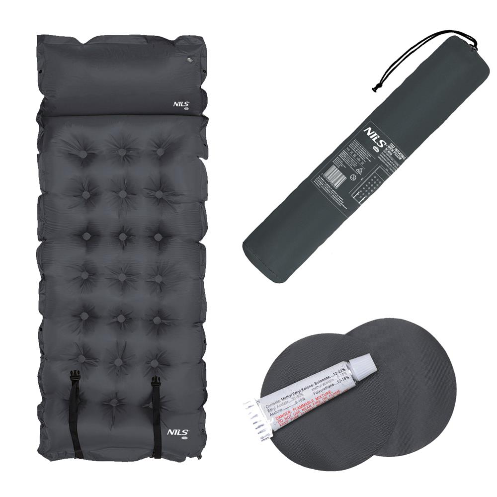 NILS CAMP selbstaufblasende Campingmatte 188 cm grau mit Kissen Isomatte Outdoor