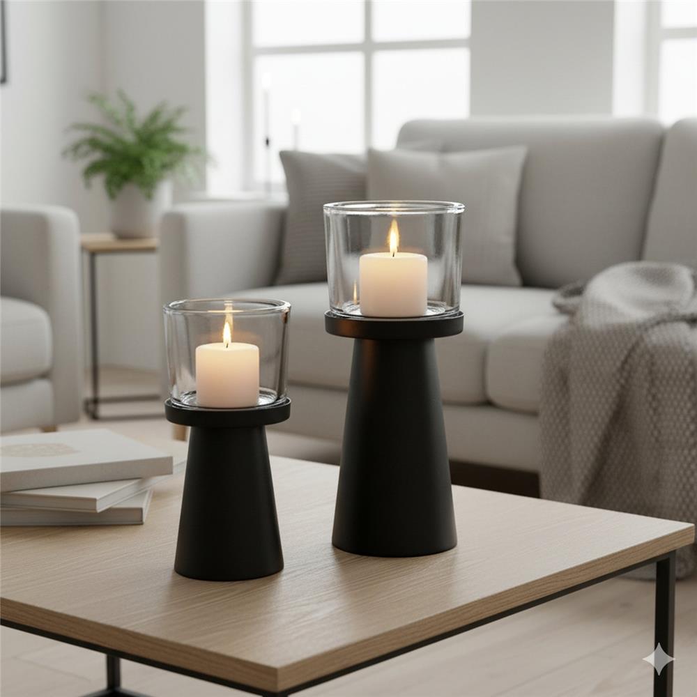 BOLTZE Windlicht Pius 2er Set Metall Glas schwarz rund modern skandinavisch